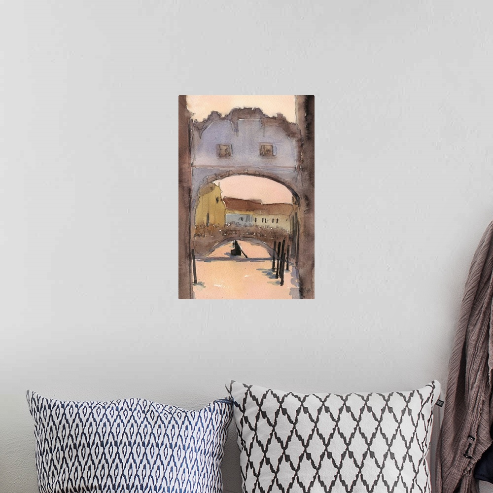 A bohemian room featuring Gestural watercolor artwork of an archway over a canal in Venice, Italy.