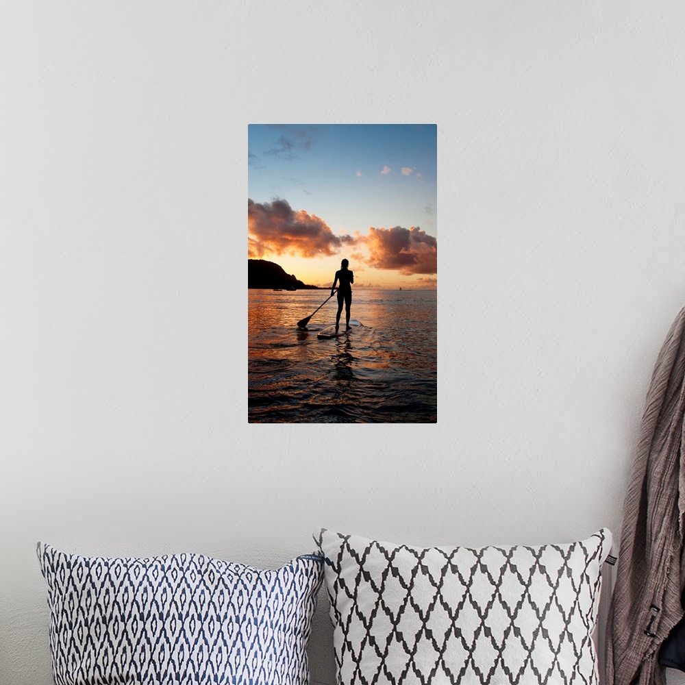 A bohemian room featuring Hawaii, Kauai, Woman Stand Up Paddling In Ocean, Beautiful Sunset