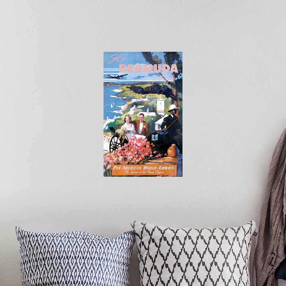 A bohemian room featuring Fly to Bermuda by Clipper, Pan American World Airways, Vintage Poster
