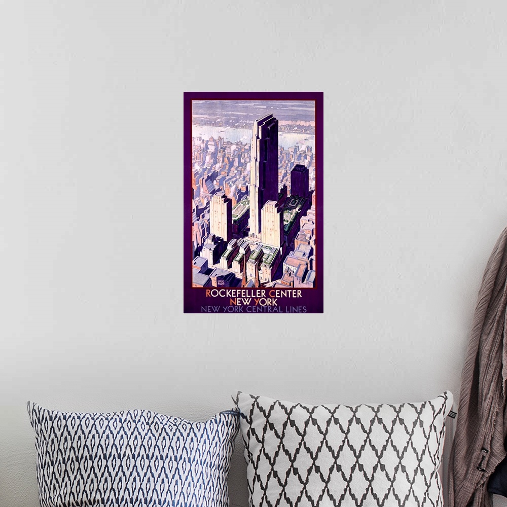 A bohemian room featuring Rockafeller Center New York, New York Central Lines, Vintage Poster