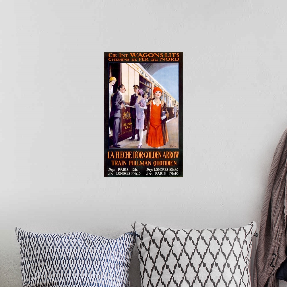 A bohemian room featuring Vintage poster of elegantly dressed people boarding and coming off of a passenger train.