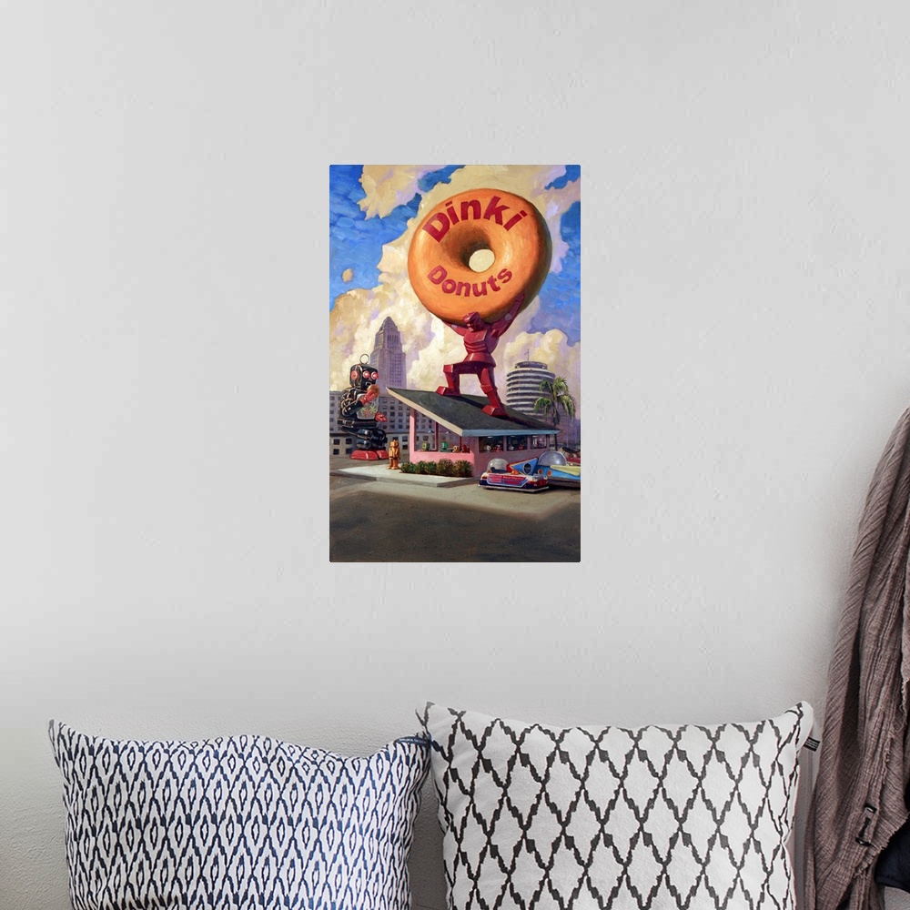 A bohemian room featuring A contemporary painting of a giant red retro toy robot standing on top of a diner holding a giant...