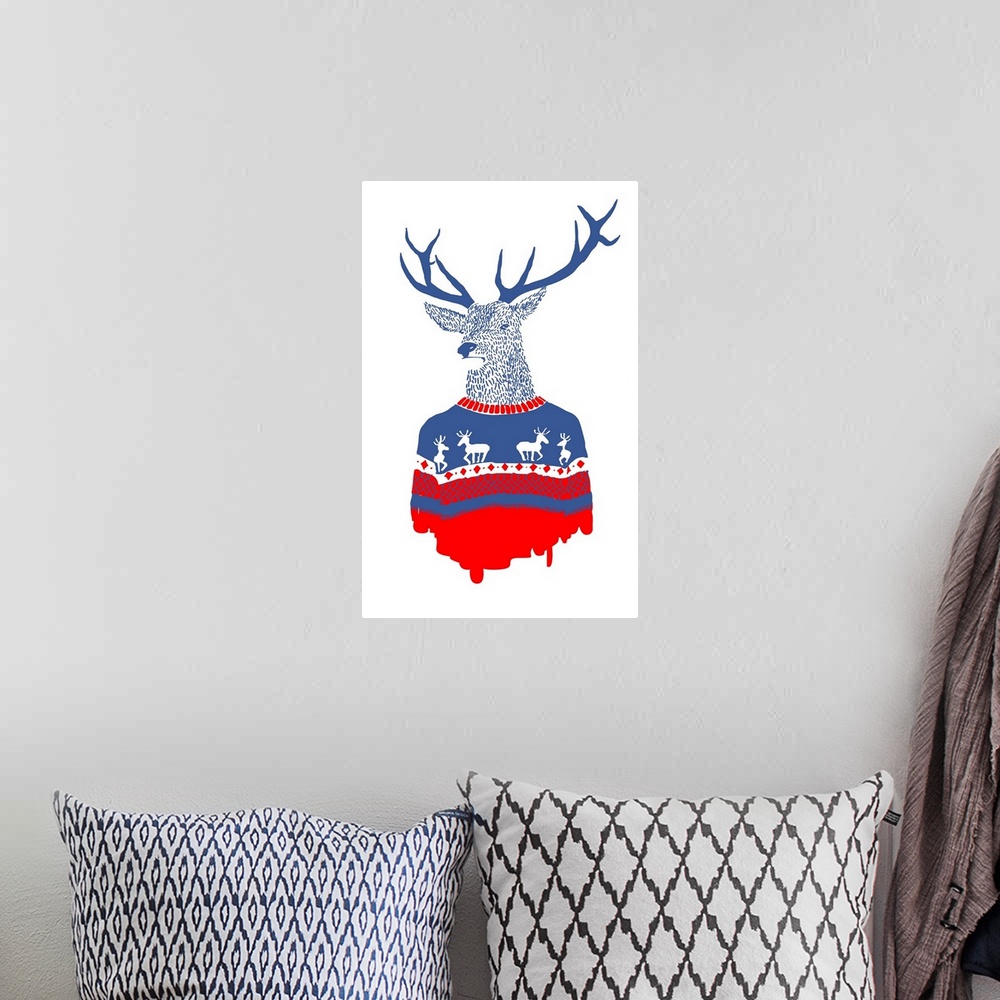A bohemian room featuring Humorous illustration of a deer wearing a tacky red and blue sweater.