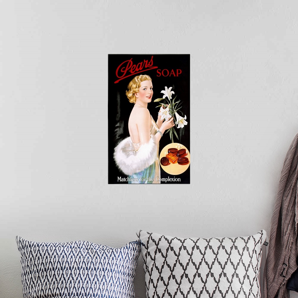 A bohemian room featuring a glamorous woman holding a bunch of lilies.  advertisement for soap