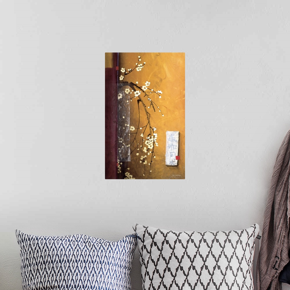 A bohemian room featuring A contemporary painting of white cherry blossoms bordered with a square grid design.