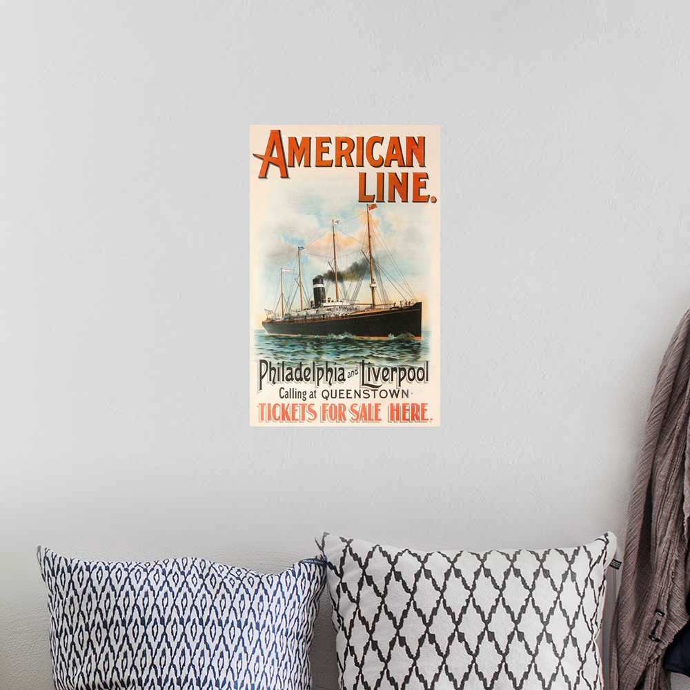 A bohemian room featuring Early steamship sailing in calm waters promotes travel between Europe and North America.