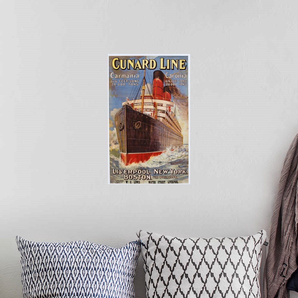 A bohemian room featuring Poster from 1905, advertising the Carmania and Caronia ocean liners. Service to Liverpool, Boston...