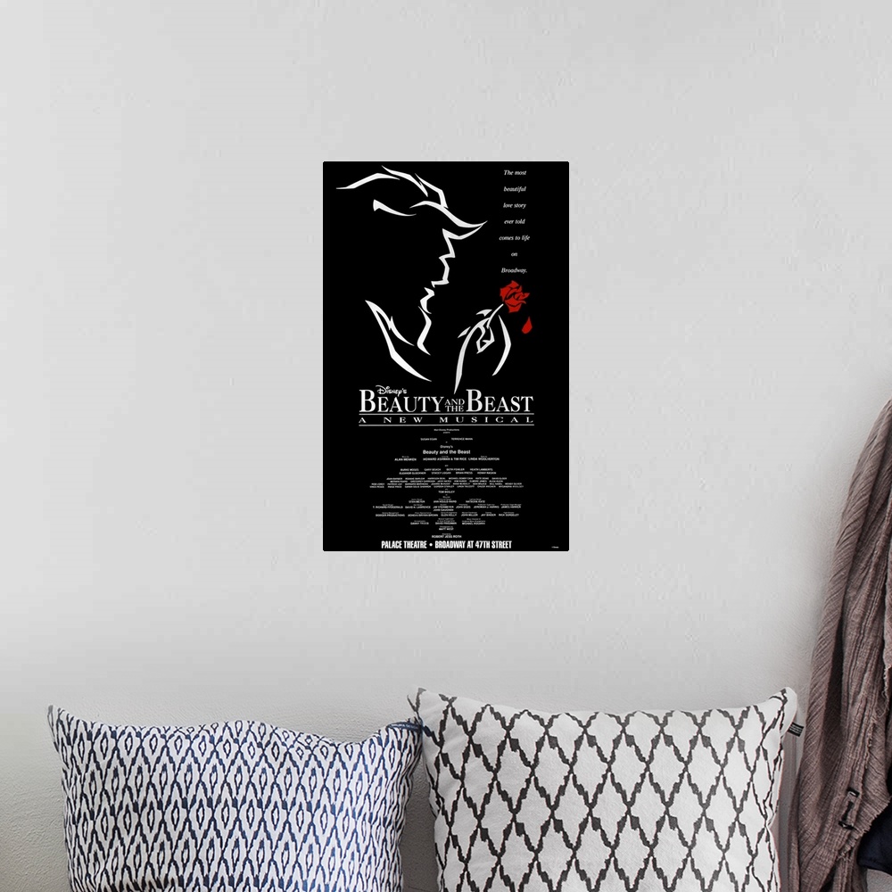 A bohemian room featuring A simplistic poster for the Broadway performance of "Beauty and the Beast". It shows an outline o...
