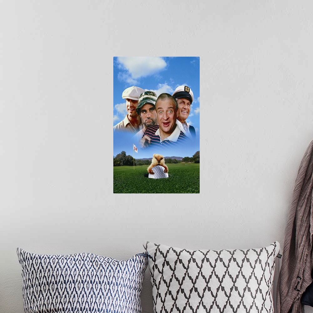 A bohemian room featuring Movie poster for the 1980 Hollywood movie Caddyshack with the four main stars superimposed in the...