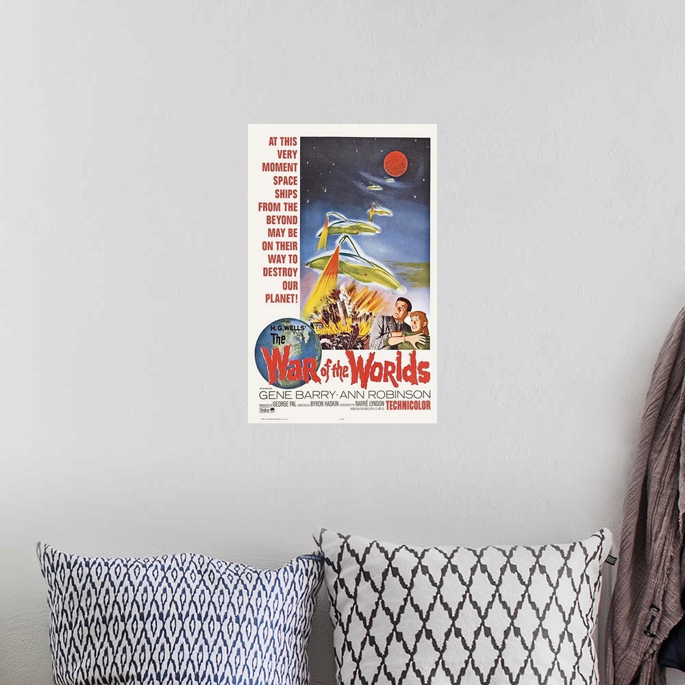 A bohemian room featuring H.G. Wells's classic novel of the invasion of Earth by Martians, updated to 1950s California, wit...