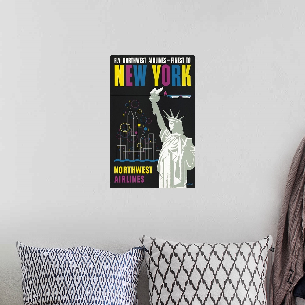 A bohemian room featuring Vintage Travel Poster For Flying Northwest Airlines To New York, Of Statue Of Liberty