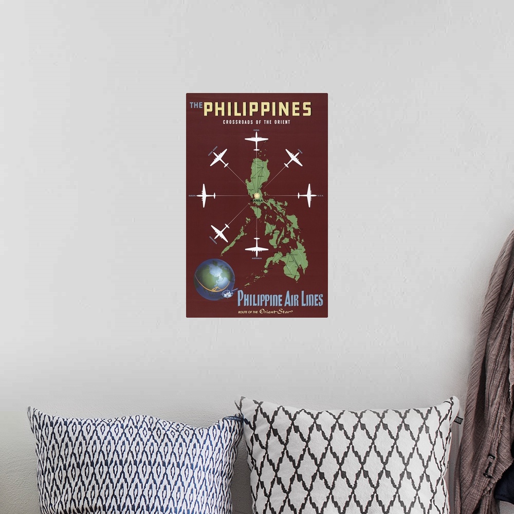 A bohemian room featuring Vintage Travel Poster For Philippine Air Lines, Of Airplanes Departing From Manila, 1930