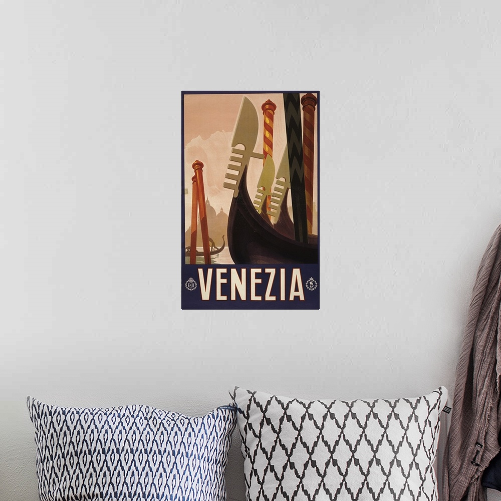 A bohemian room featuring Vintage Travel Poster Of The Decorative Prows Of Gondolas On A Canal In Venice, 1920