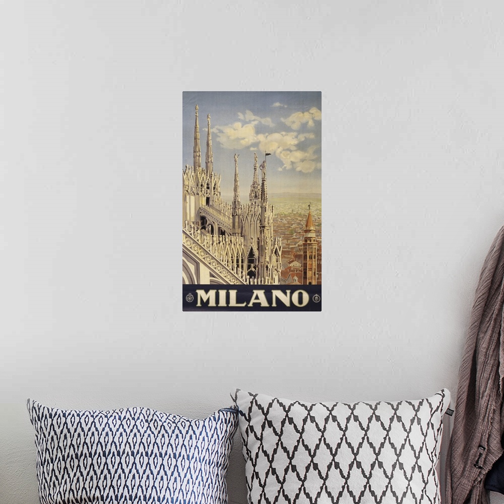 A bohemian room featuring Vintage Travel Poster Of The Roof And Spires Of A Cathedral In Milan, Italy, 1920