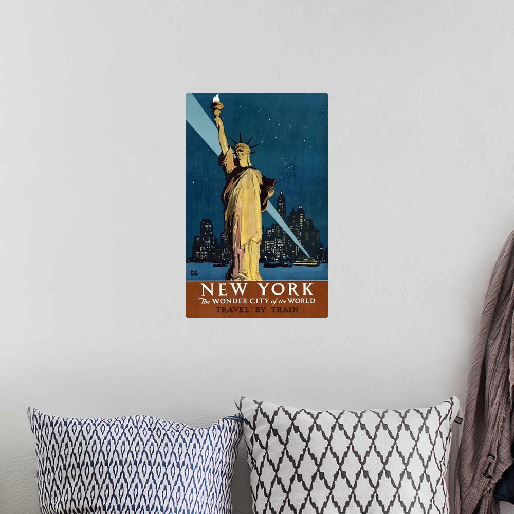 A bohemian room featuring Vintage Travel Poster Of The Statue Of Liberty With Boats, Skyline And Searchlight, 1927