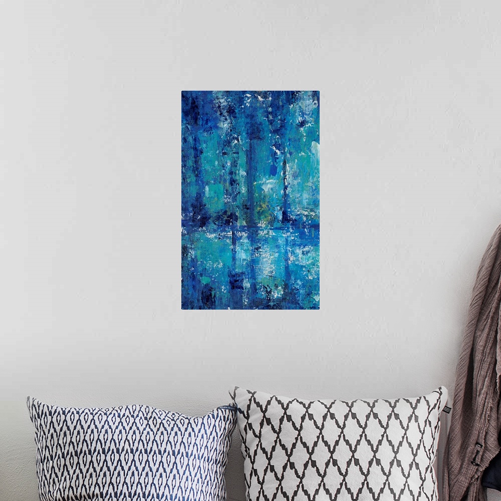 A bohemian room featuring Blue Reflection Triptych I