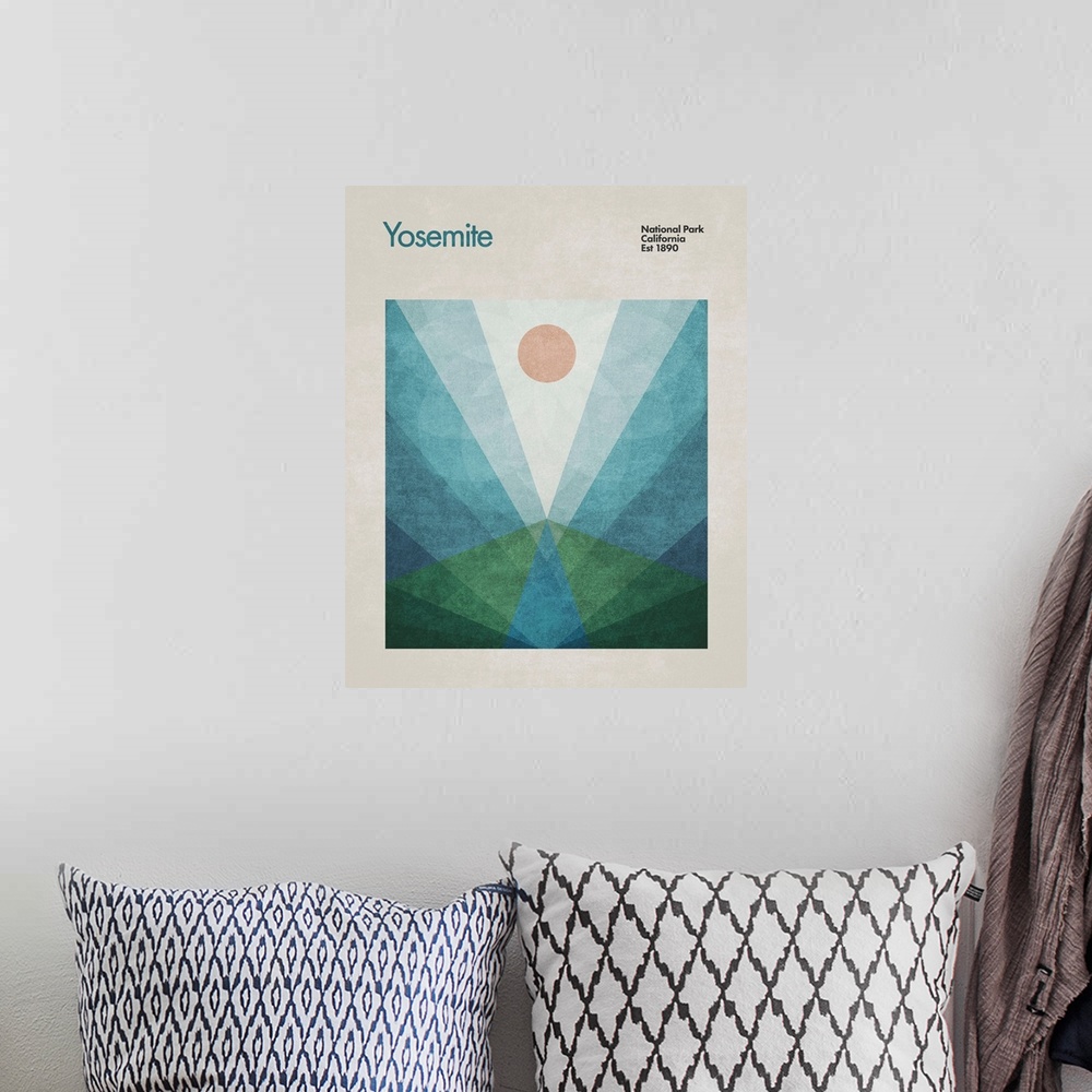 A bohemian room featuring A contemporary graphic travel poster advertising Yosemite National Park in california