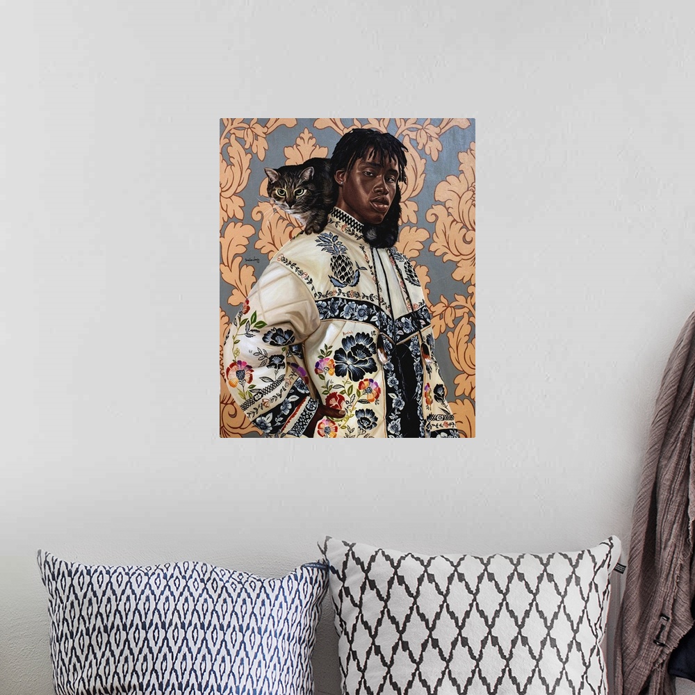 A bohemian room featuring A stunning example of contemporary Black portraiture by an up and coming Nigerian visual artist