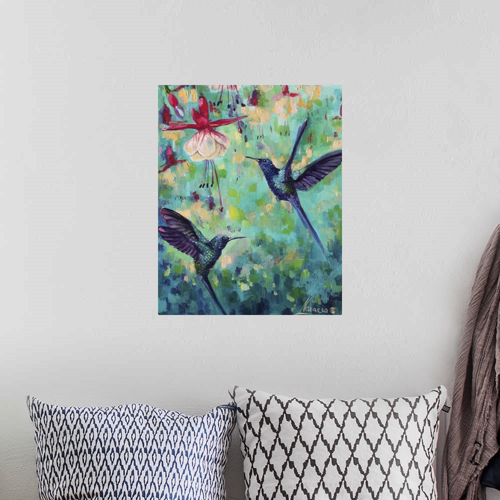 A bohemian room featuring Contemporary painting of hovering hummingbirds around vibrant flowers.