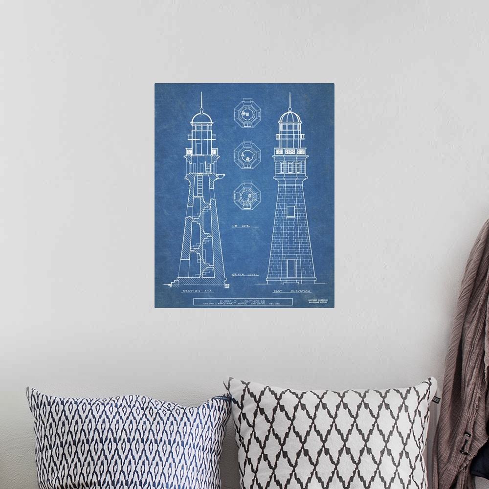 A bohemian room featuring Contemporary artwork in technical blueprint style of Buffalo lighthouse.