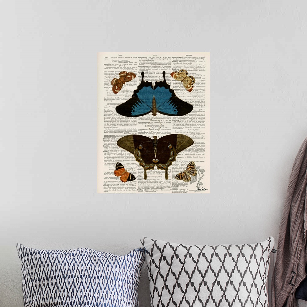 A bohemian room featuring Contemporary artistic use of a page from a dictionary with a scientific illustration of butterfli...