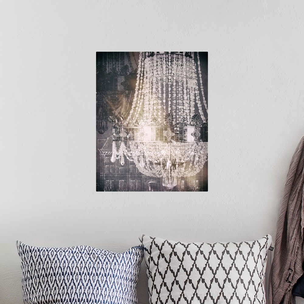 A bohemian room featuring Contemporary artwork of crystal chandelier in a collage, with an architectural drawing in the bac...