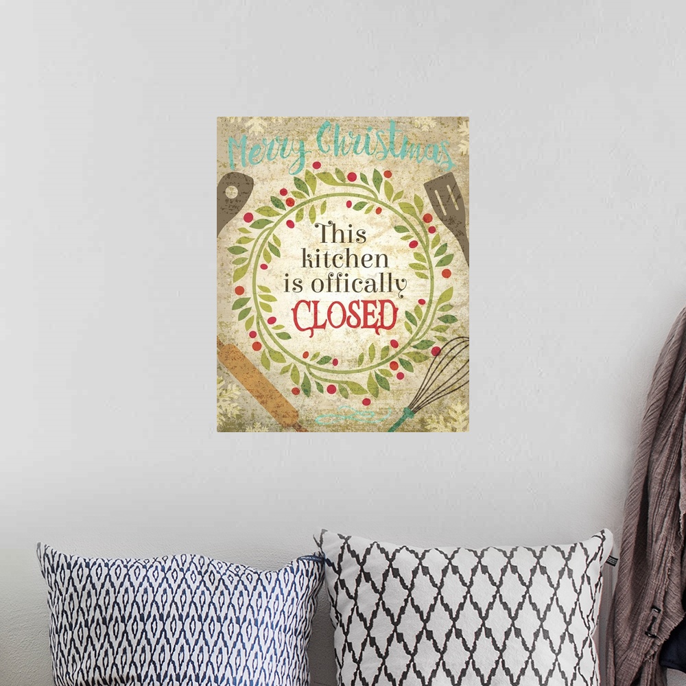 A bohemian room featuring Humorous holiday kitchen art featuring a holly wreath and kitchen utensils.