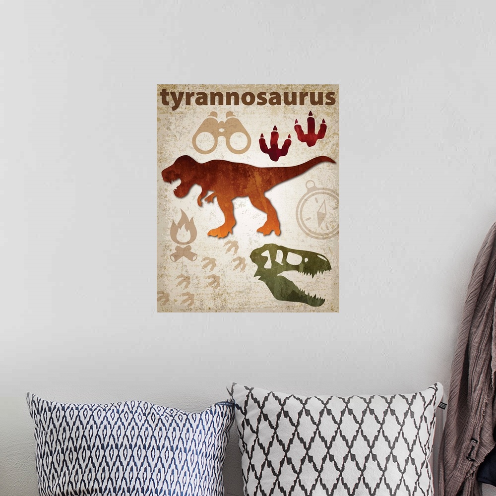 A bohemian room featuring Tyrannosaurus Rex artwork featuring a silhouette with footprints and a skull.