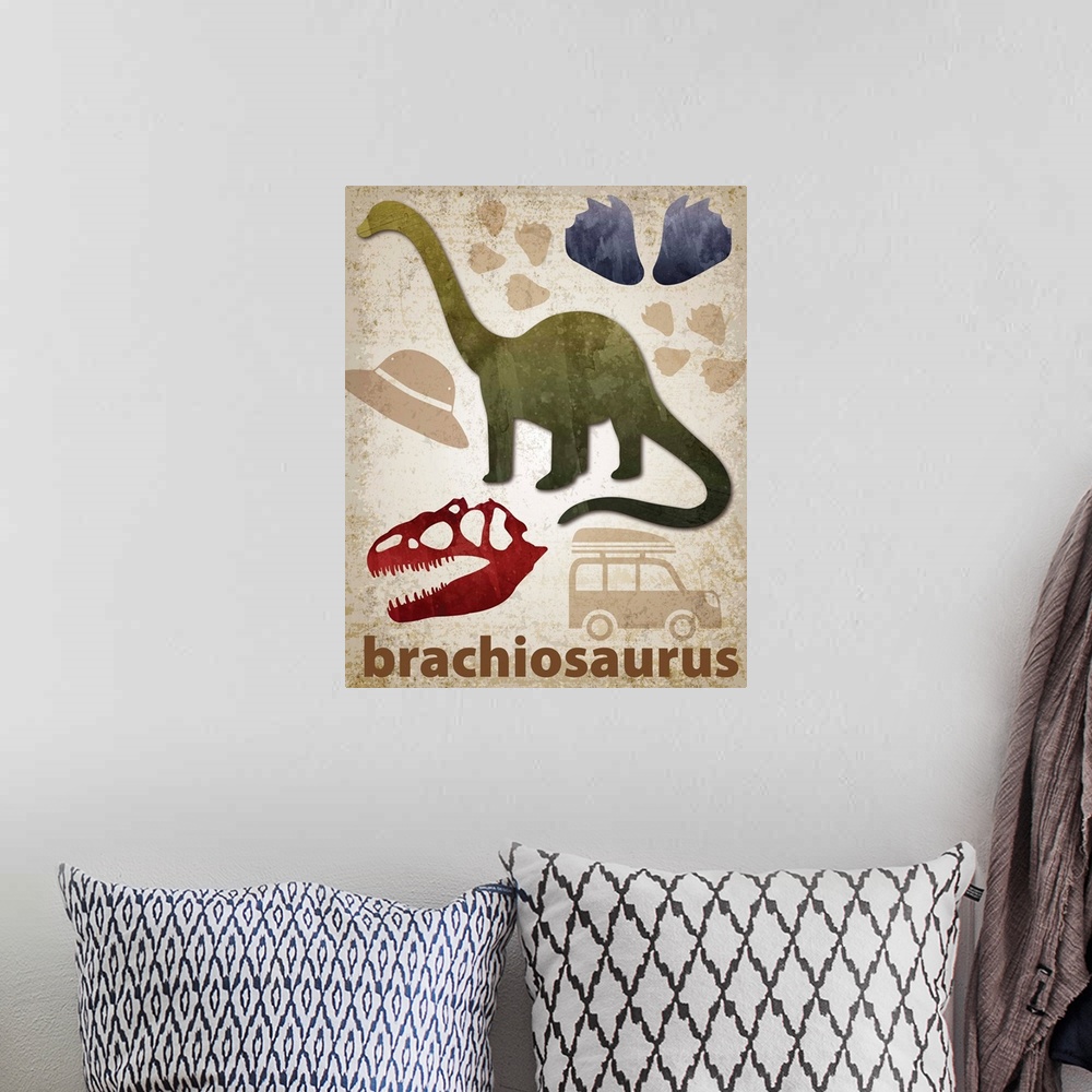 A bohemian room featuring Brachiosaurus artwork featuring a silhouette with footprints and a skull.