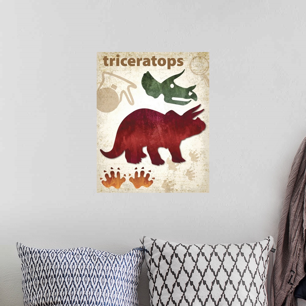 A bohemian room featuring Triceratops artwork featuring a silhouette with footprints and a skull.