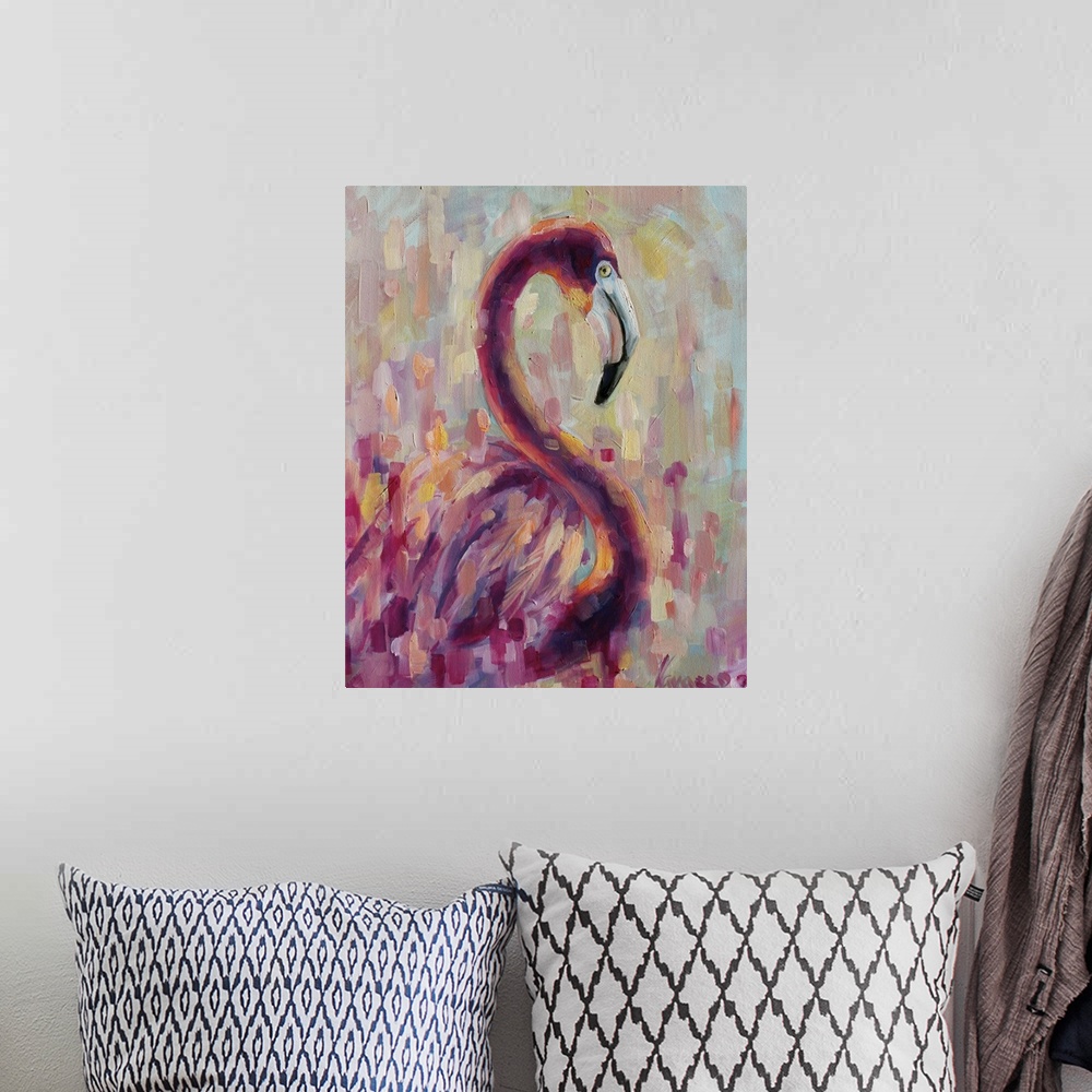 A bohemian room featuring Contemporary painting of a flamingo against a colorful abstract background.