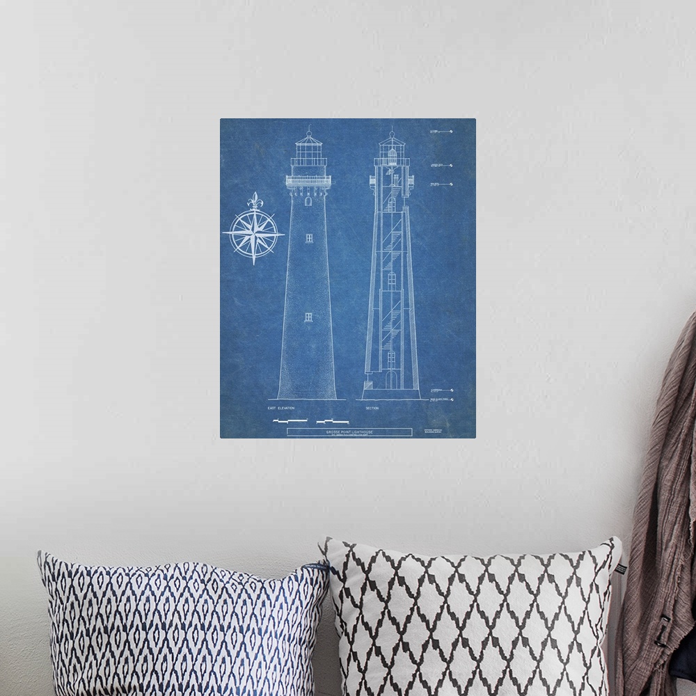 A bohemian room featuring Contemporary artwork in technical blueprint style of Gross Point lighthouse.