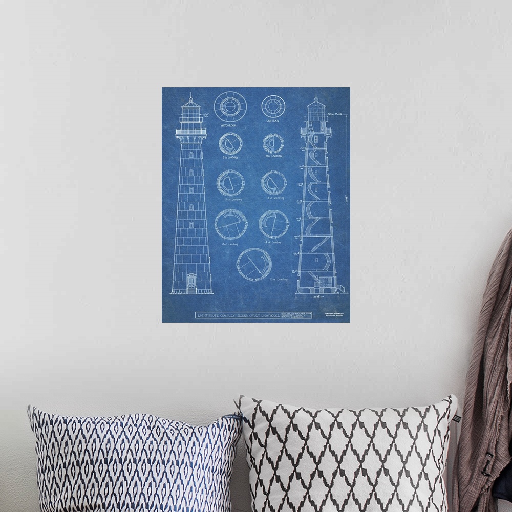 A bohemian room featuring Contemporary artwork in technical blueprint style of Hunting Island lighthouse.