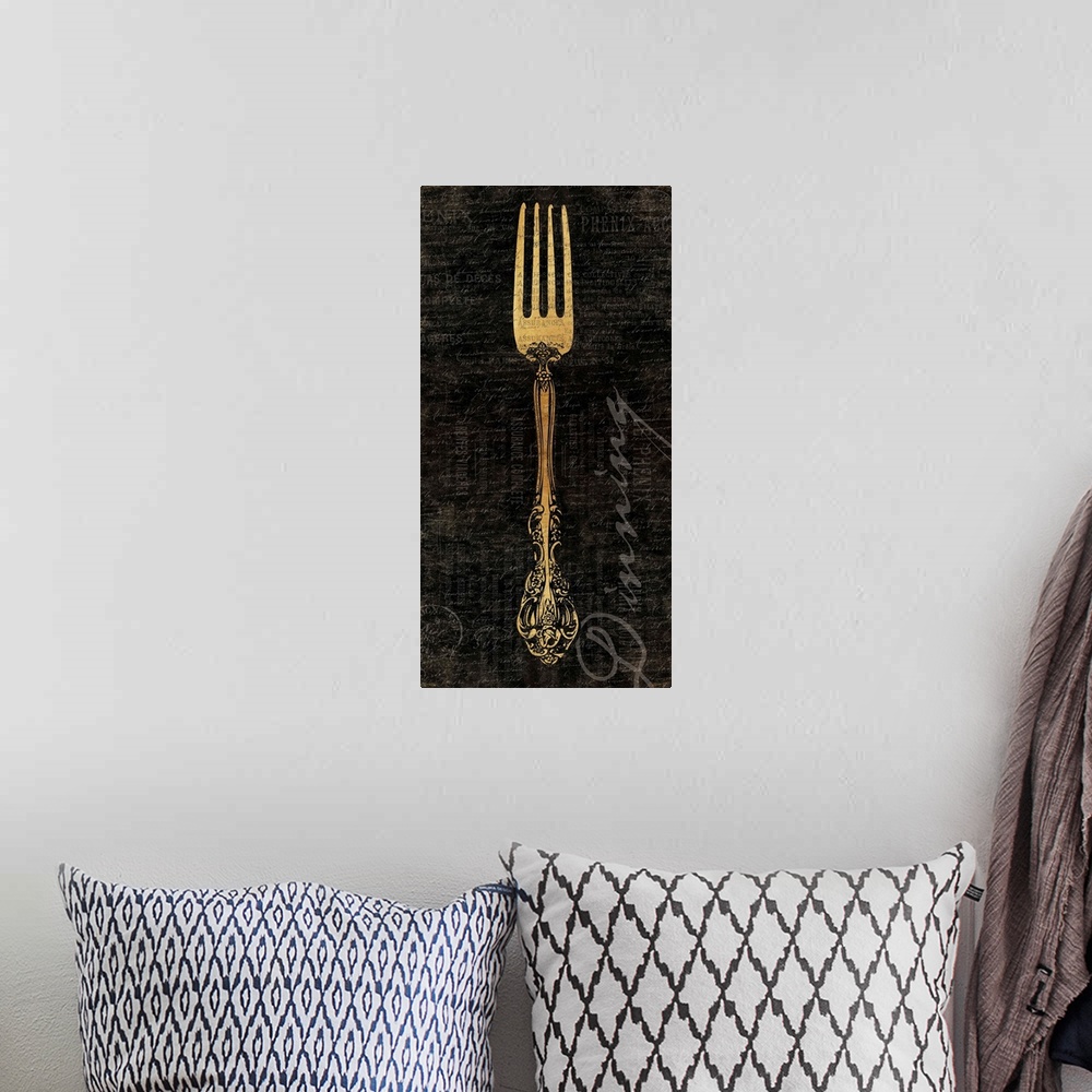 A bohemian room featuring artwork of decorative antique kitchen fork against dark textured background.
