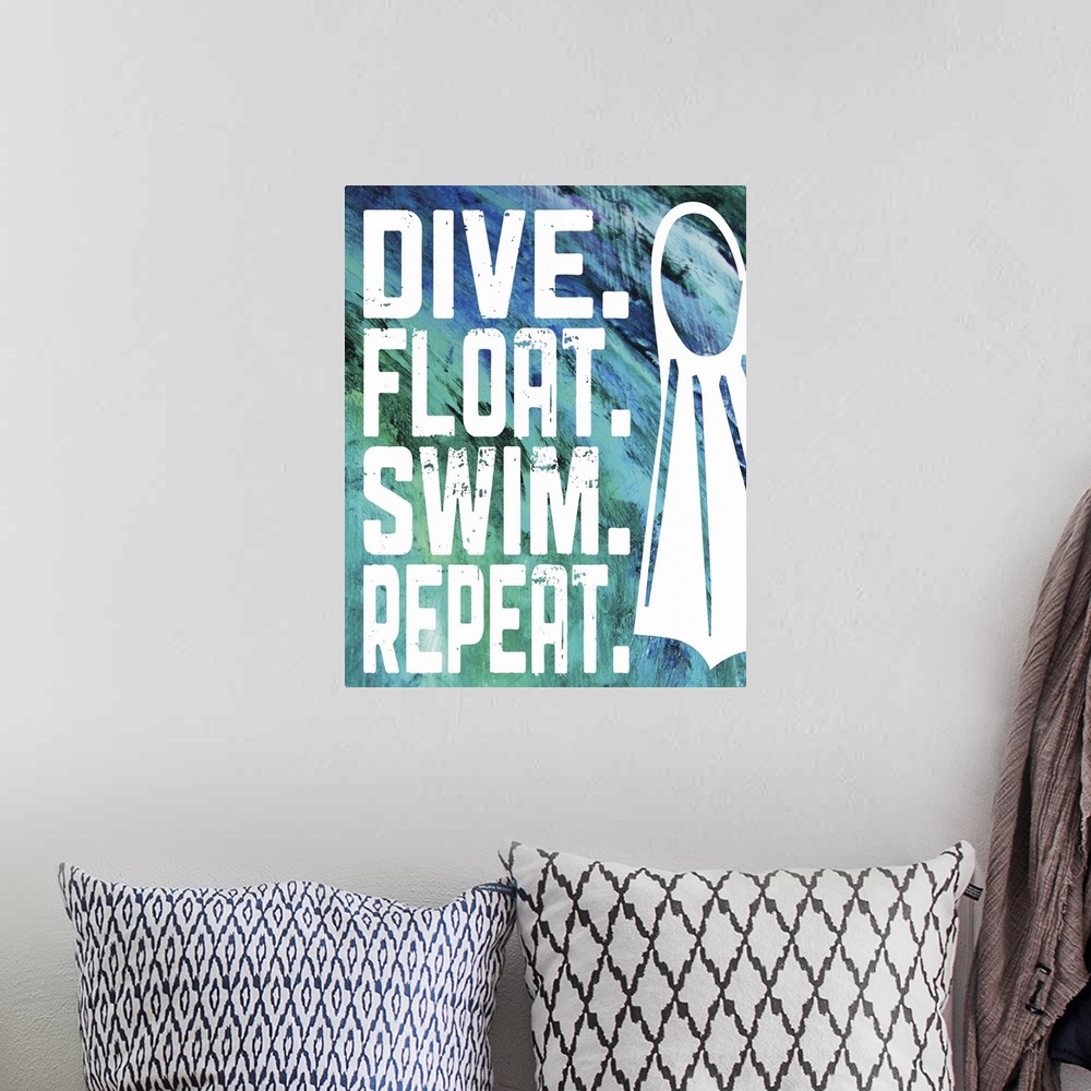 A bohemian room featuring "Dive. Float. Swim. Repeat." written on a textured blue and green background.