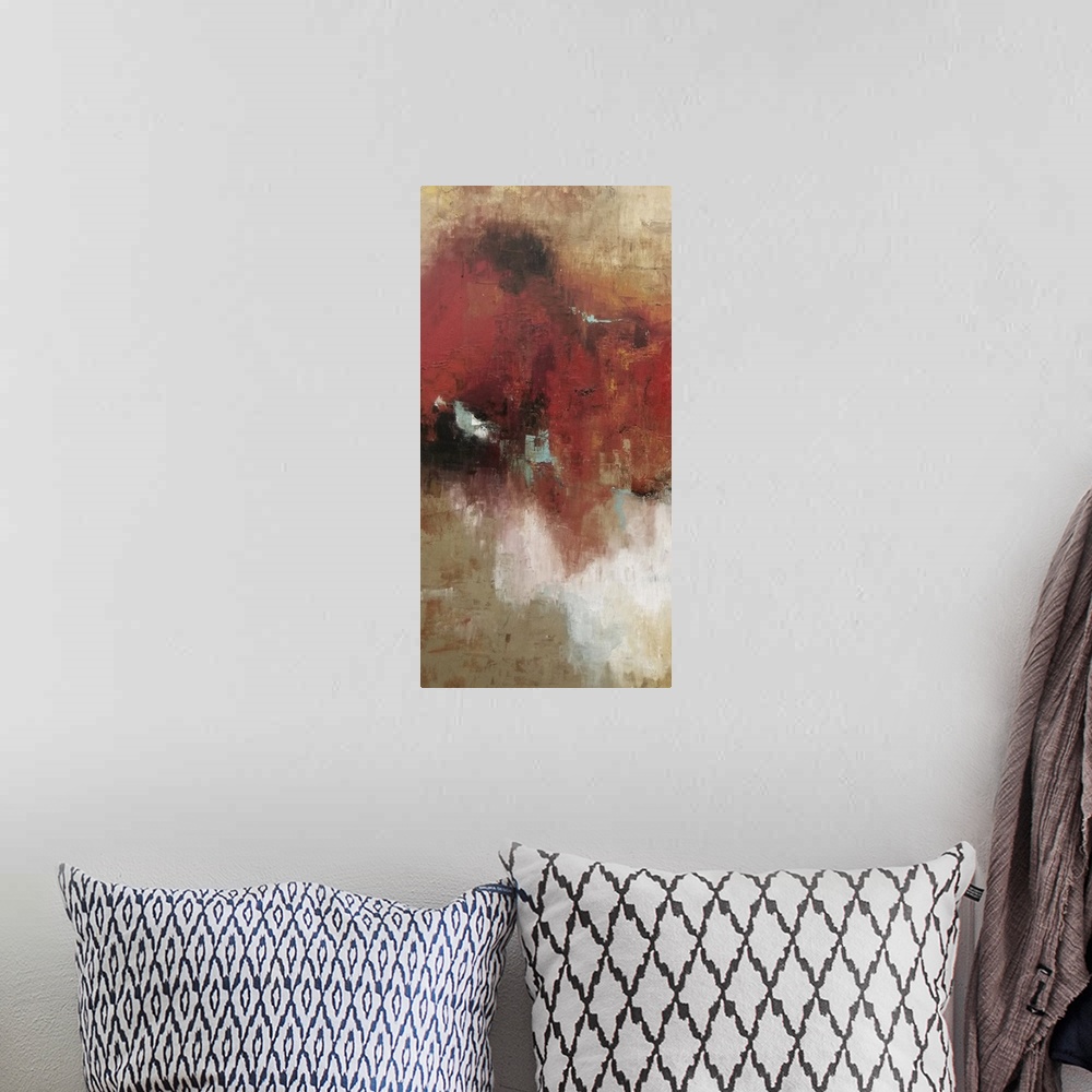 A bohemian room featuring Contemporary abstract painting in shades of red and brown.