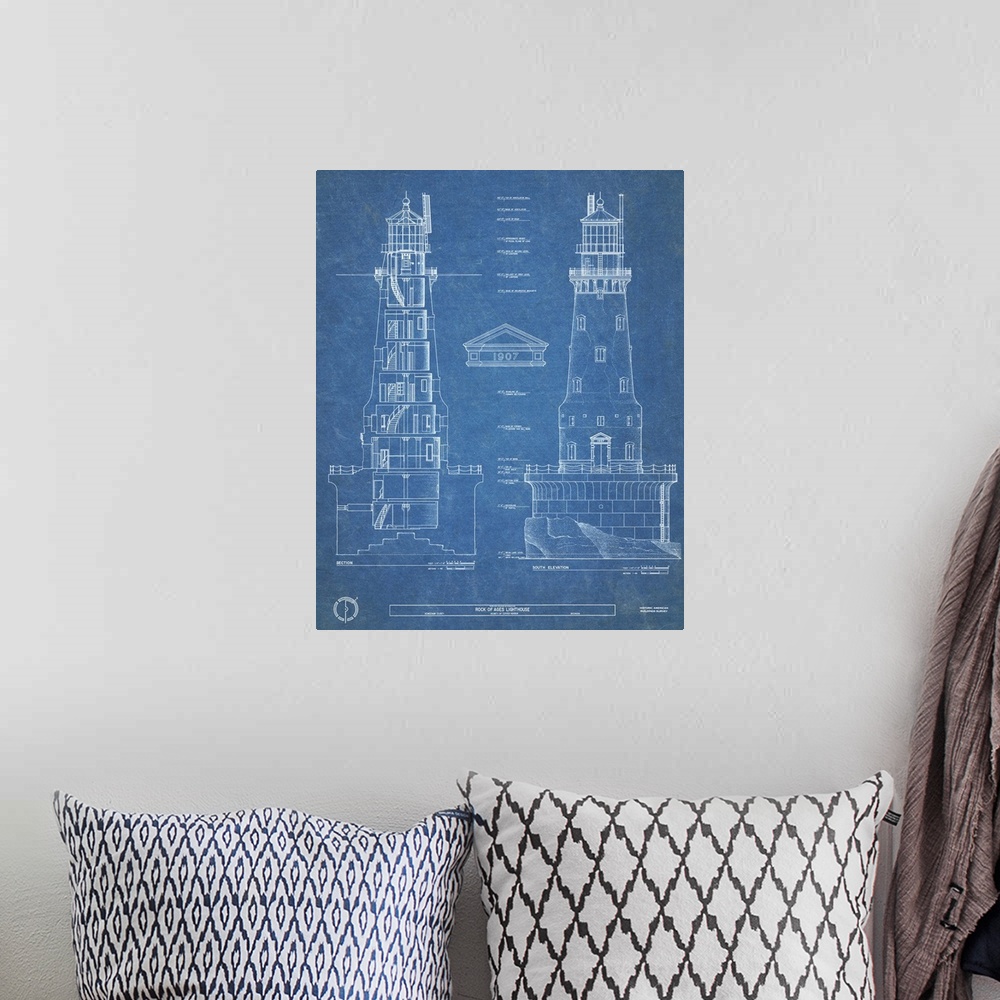 A bohemian room featuring Contemporary artwork in technical blueprint style of Rock of Ages lighthouse.