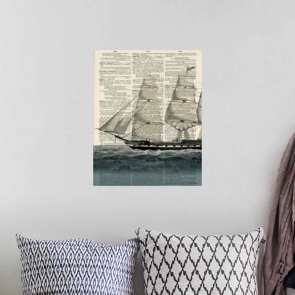 A bohemian room featuring Contemporary artistic use of a page from a dictionary with a ship sailing on the water on top of ...
