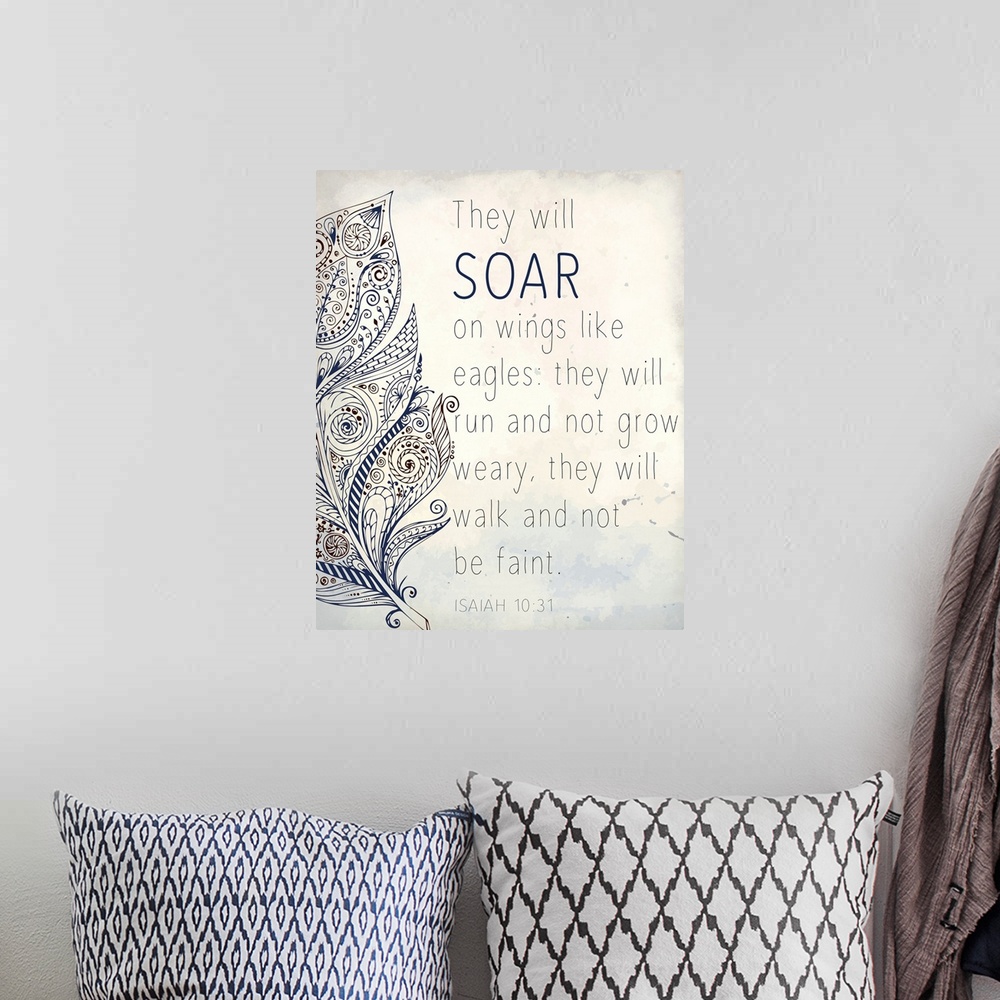 A bohemian room featuring Typography artwork of the Bible verse Isaiah 1:31 with a patterned feather design.