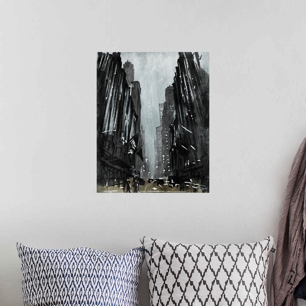 A bohemian room featuring A dark contemporary abstract painting of a city street view on an overcast day.