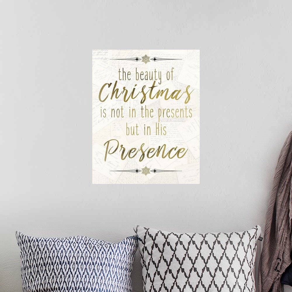 A bohemian room featuring Golden handlettered text celebrating Christ's birth at Christmastime.