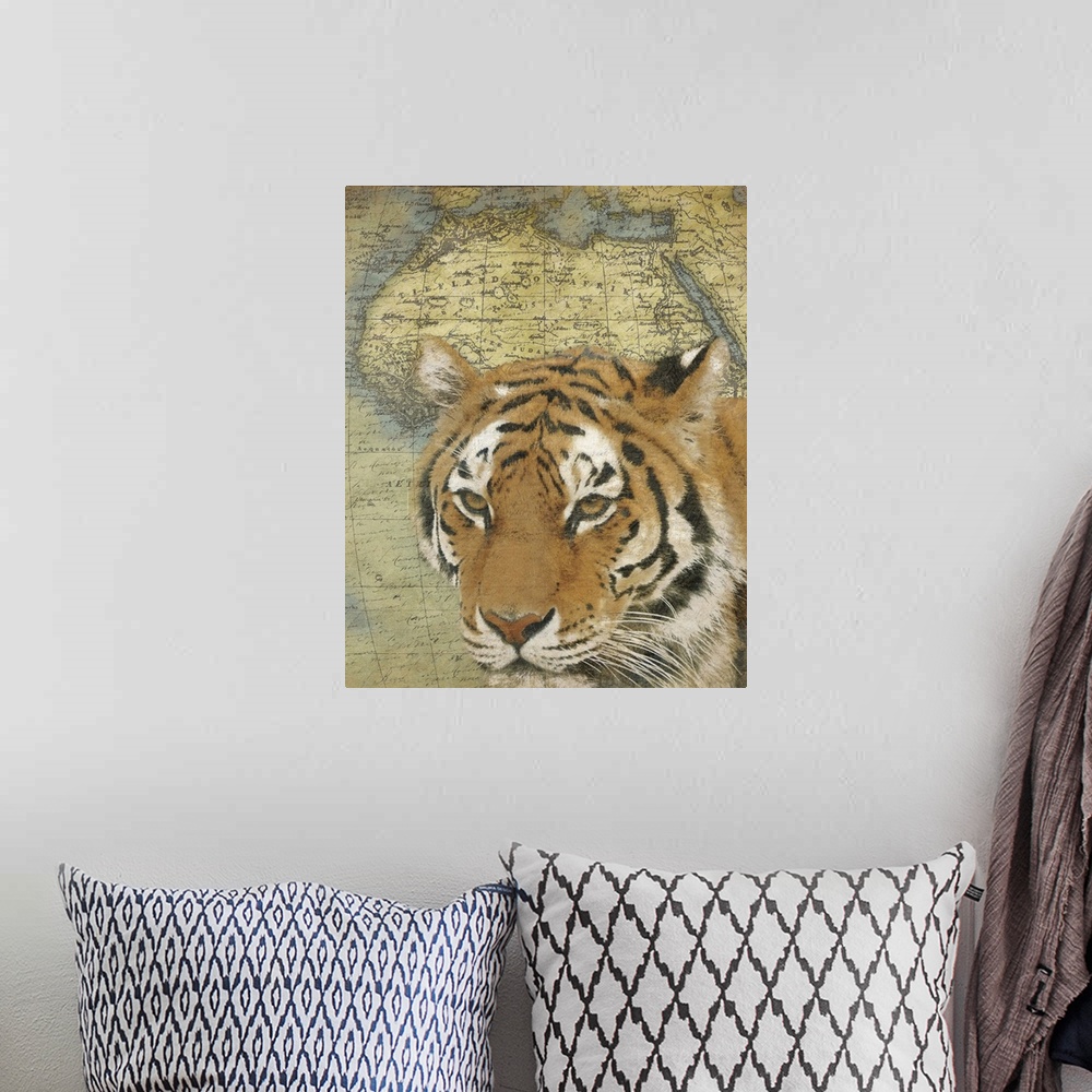 A bohemian room featuring Tiger on Africa map