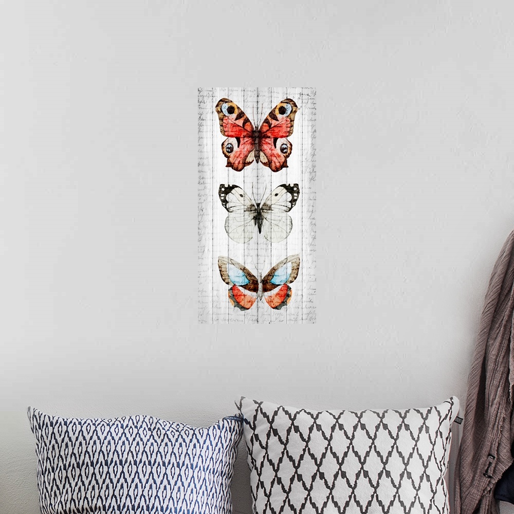 A bohemian room featuring Three butterflies painted vertically on a wooden paneled background with faded handwriting on top.