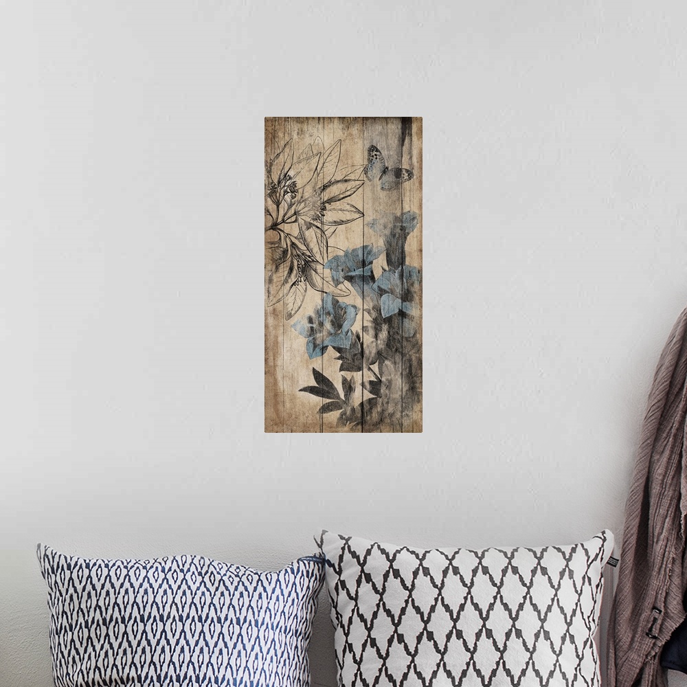A bohemian room featuring Vertical contemporary artwork of blue flowers appearing to be painted on a wood surface.