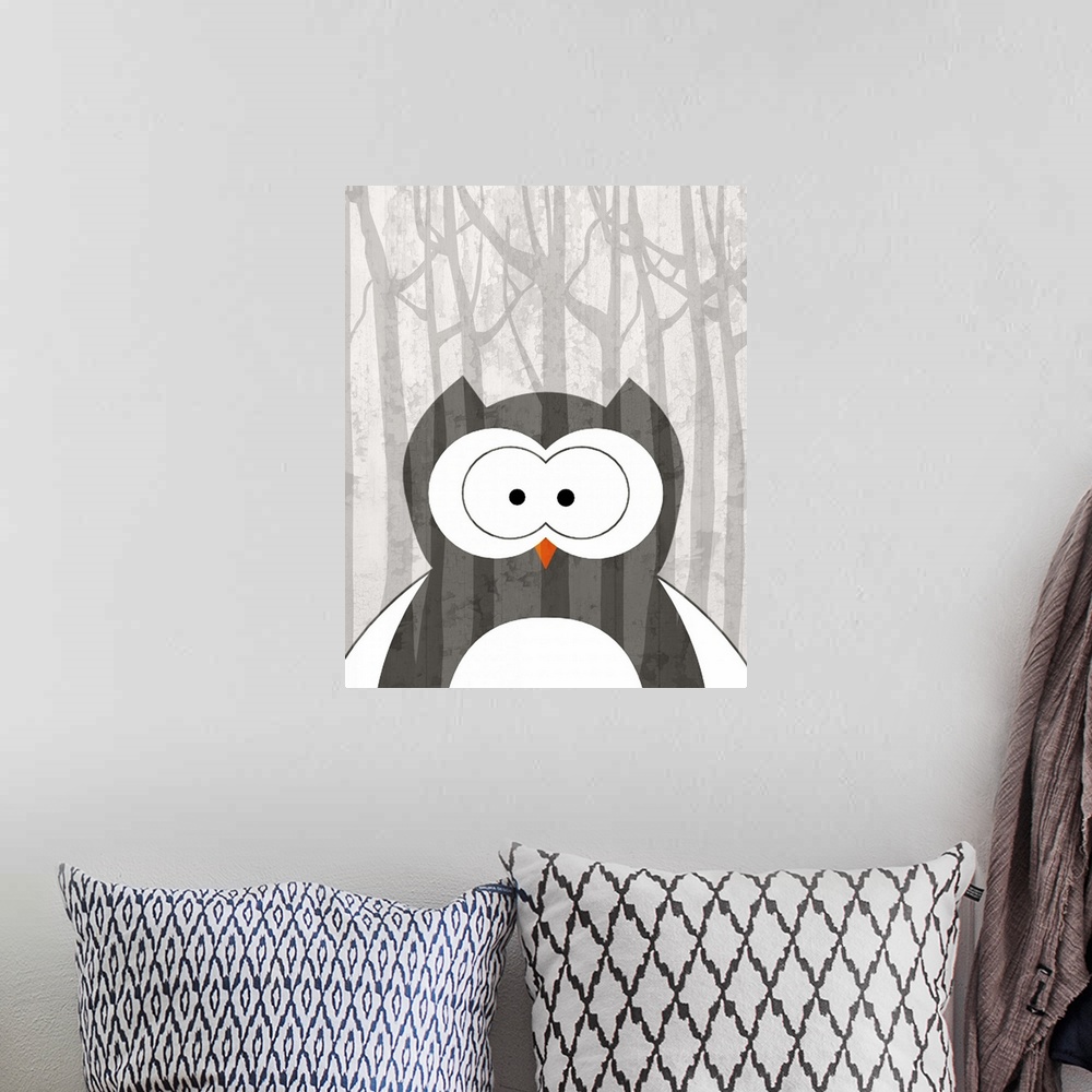 A bohemian room featuring Nursery art of a cute owl in a forest.