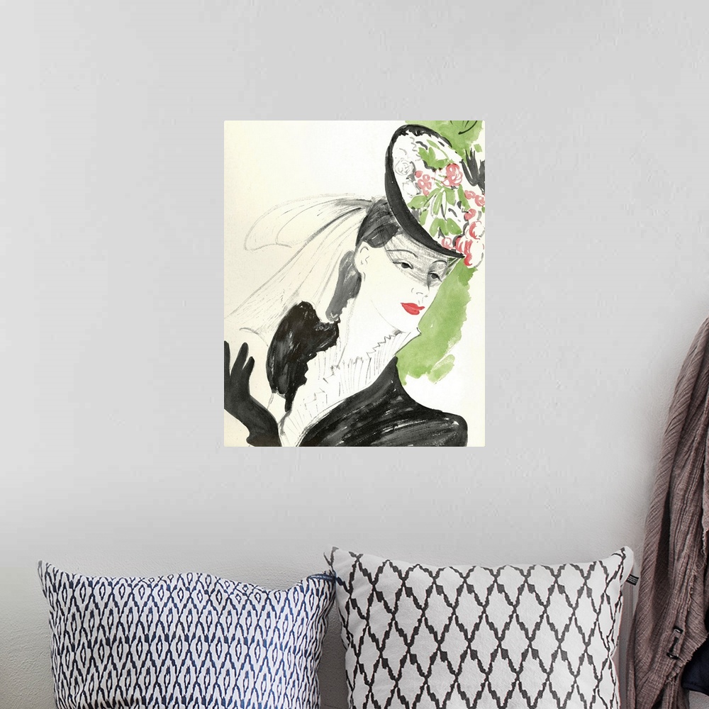 A bohemian room featuring Fashion Artwork Poster, Floral Hat