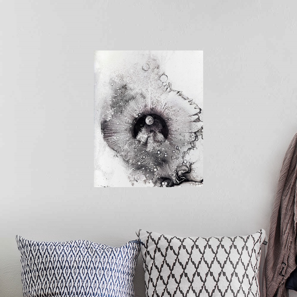 A bohemian room featuring Black and white abstract illustration.