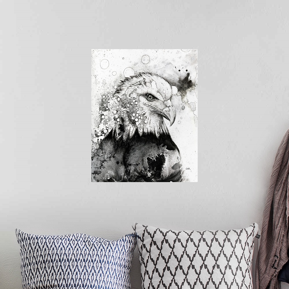 A bohemian room featuring Black and white illustration of an eagle, illustration.