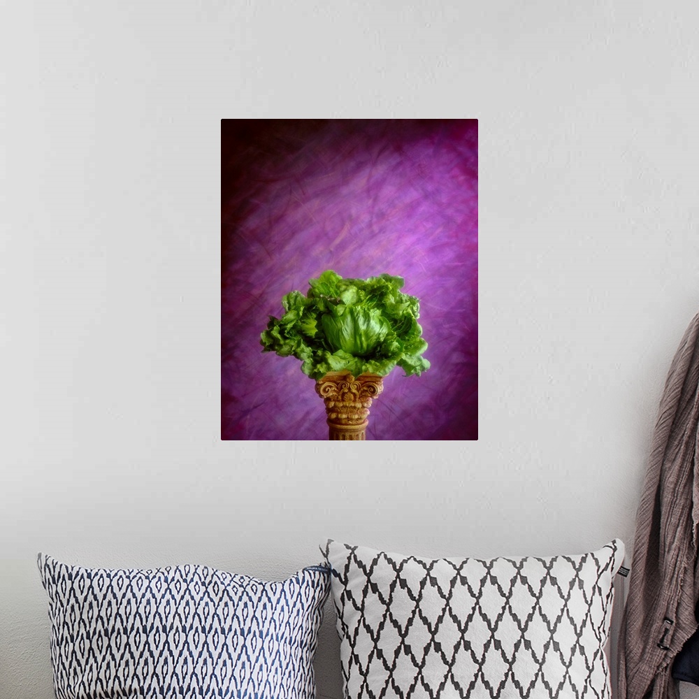 A bohemian room featuring Head of Iceberg lettuce with wrapper leaves on a pedestal