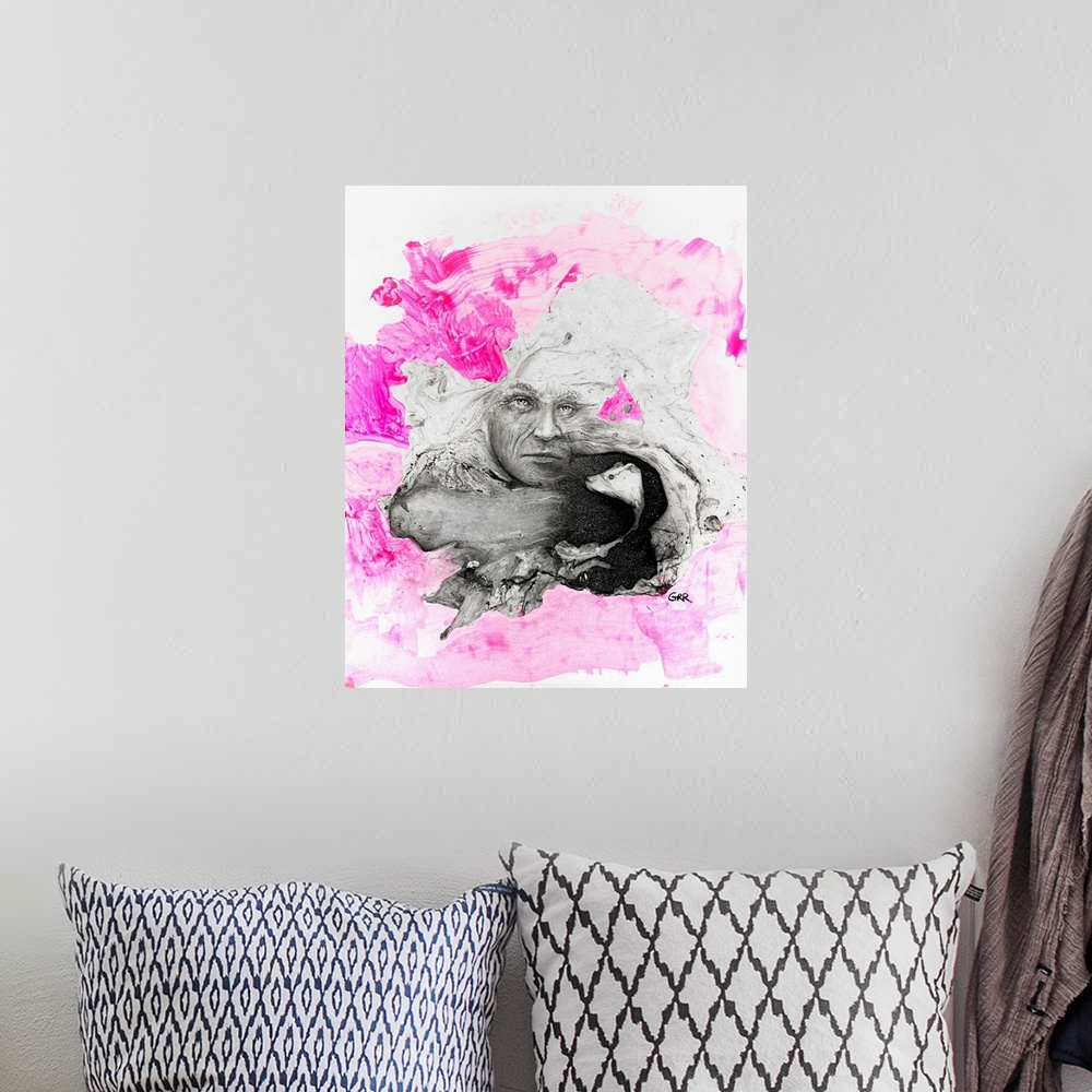 A bohemian room featuring Illustration of a man's face and a rat's head surrounded by pink and white brush patterns.